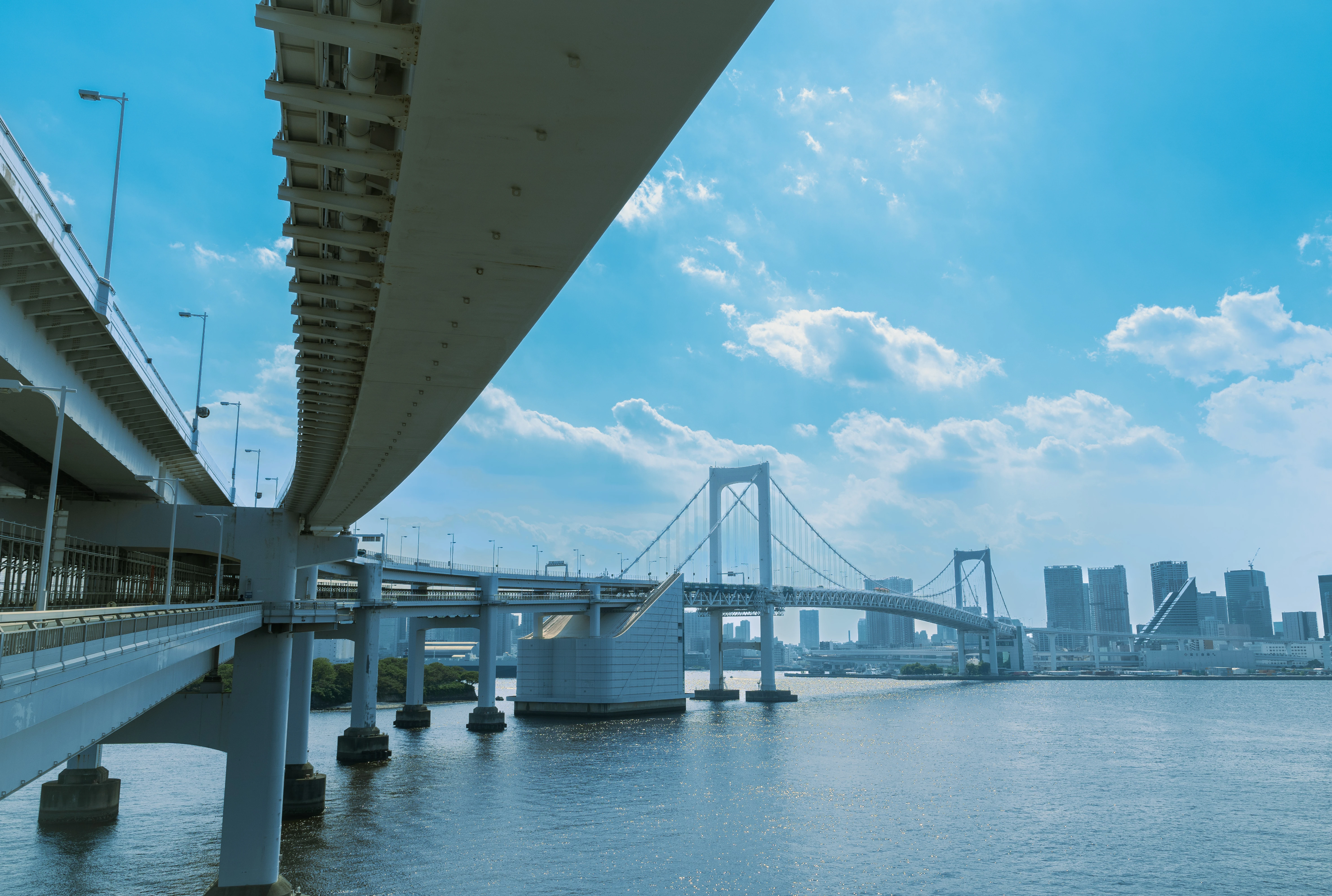 Iconic Urban Crossing: The Majestic Rainbow Bridge Under Bright Skies
