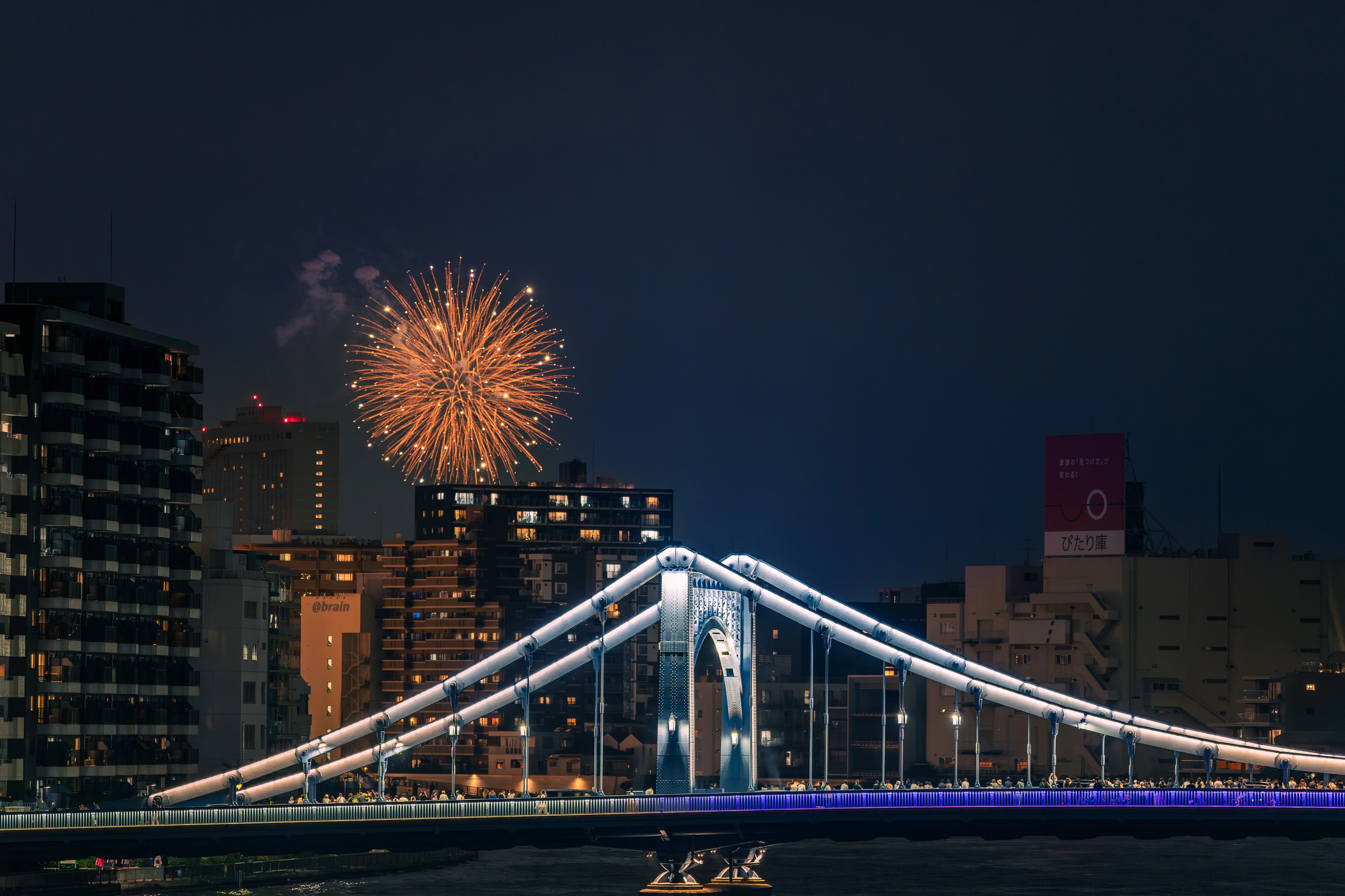 Nighttime Fireworks Illuminate the Bridge and Cityscape
