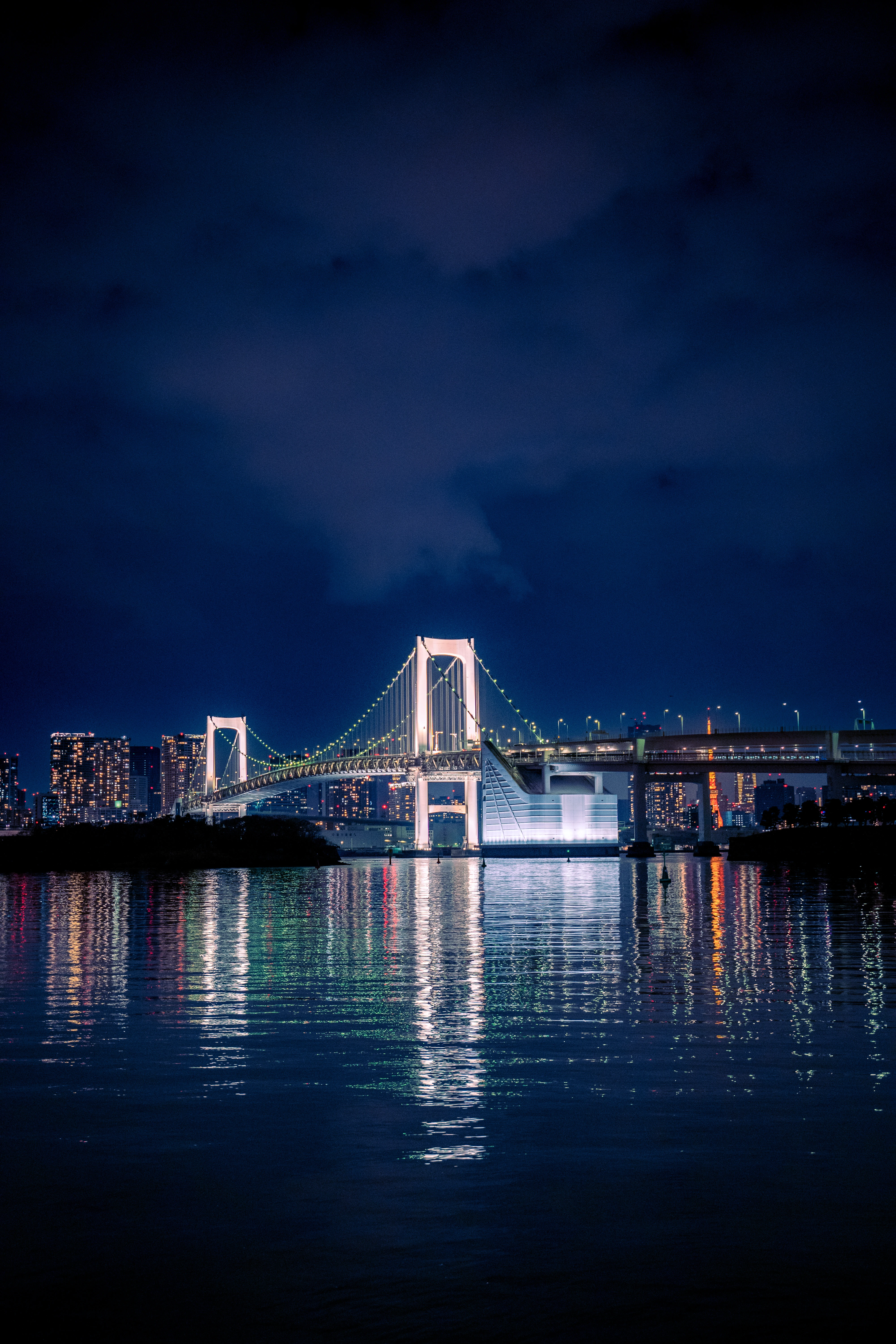 Illuminated Nightscape of Rainbow Bridge in Tokyo