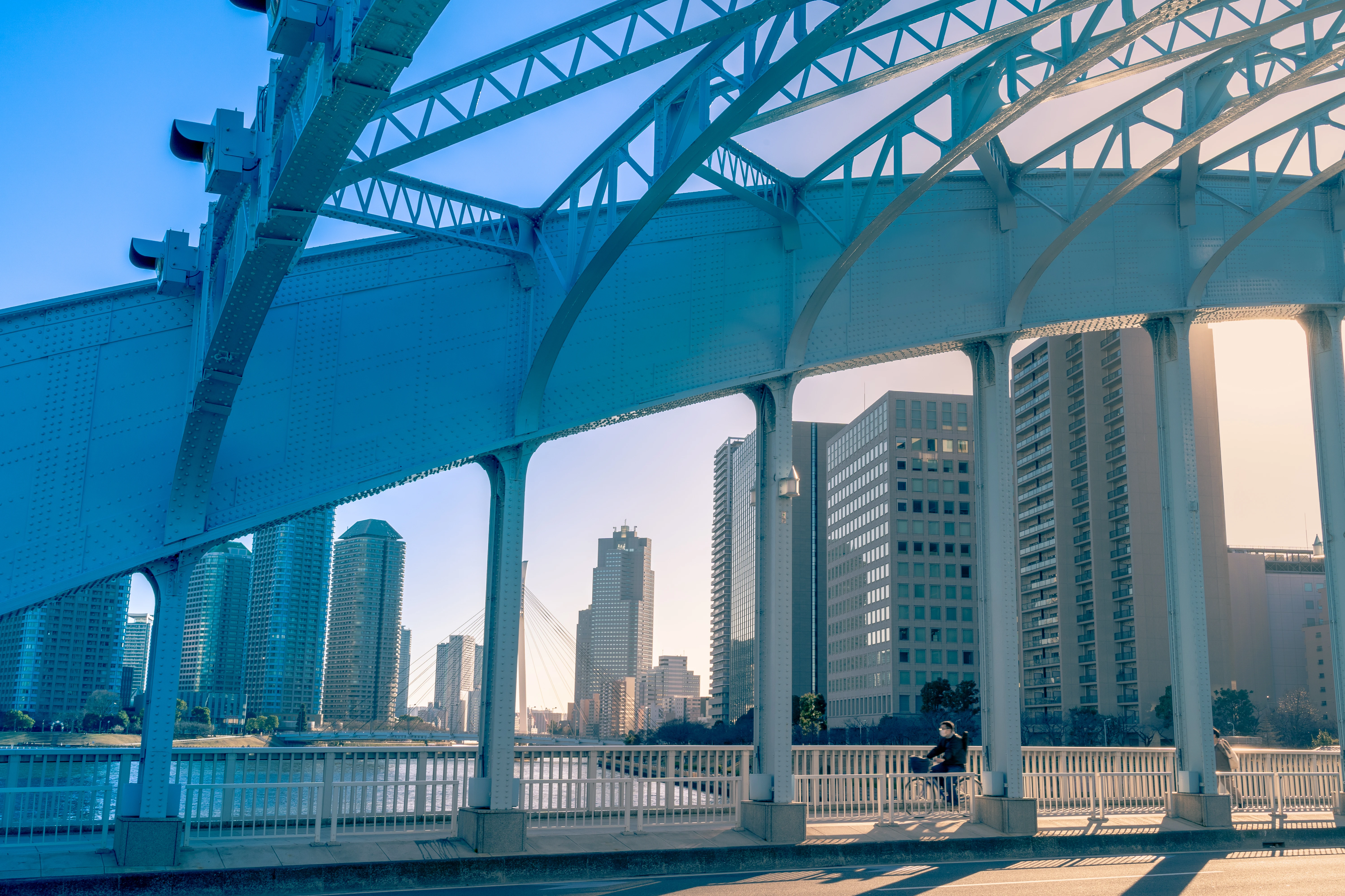Urban Skylines Framed by Bridge Structures at Dusk