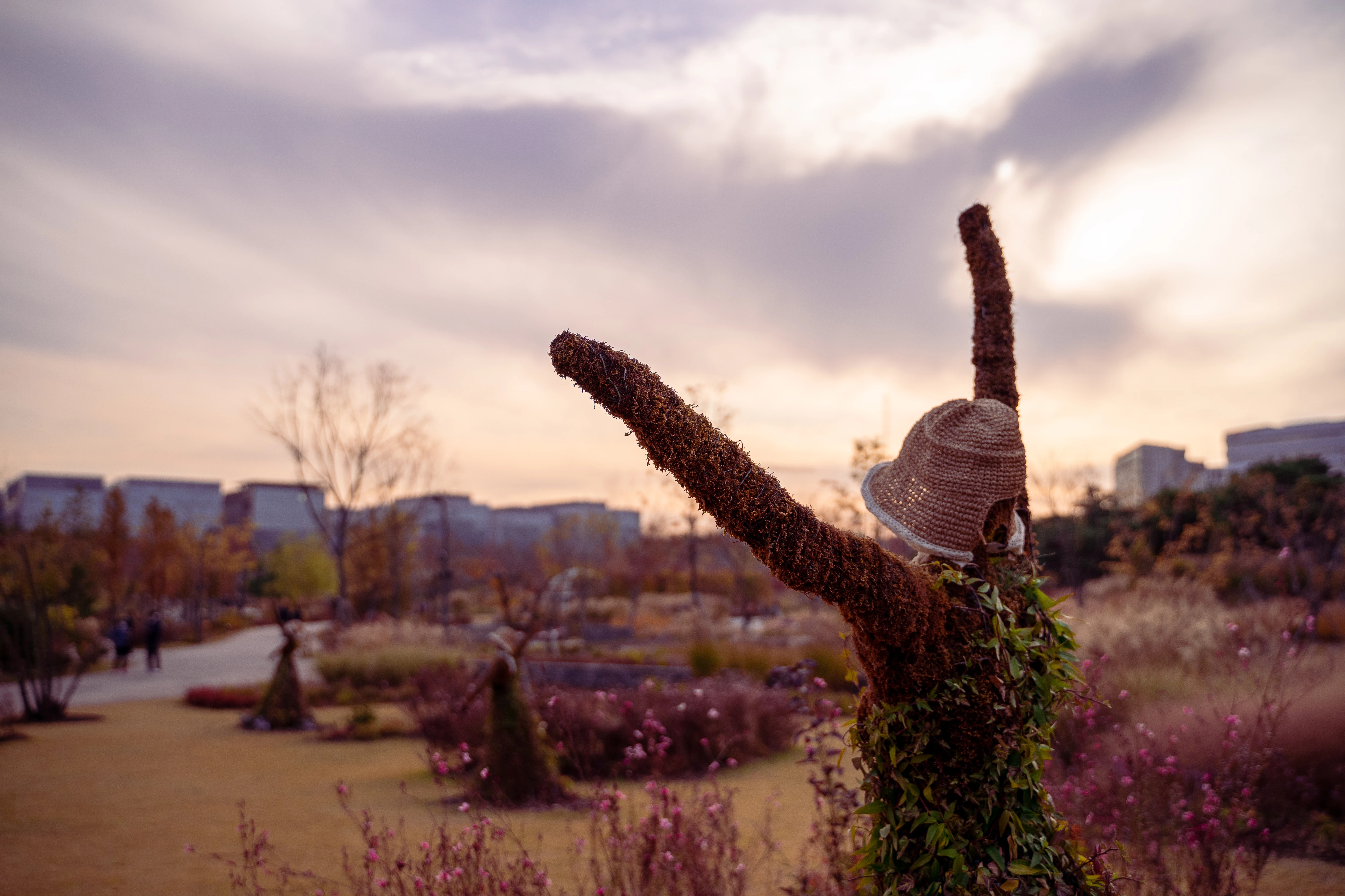 Artful Garden Sculpture at Sunset in an Urban Park